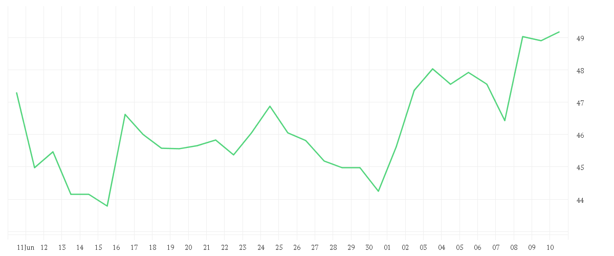Chart zur Monatsentwicklung von ON SEMICOND.       DL-,01